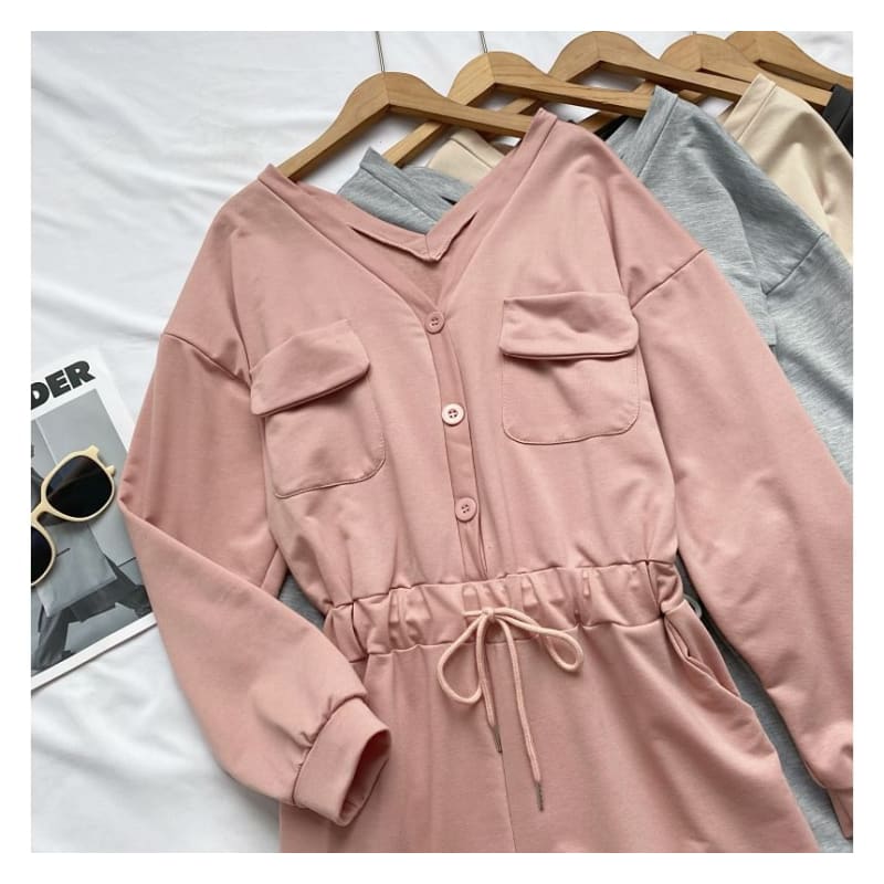 Long-Sleeve V-Neck Plain Button-Up Drawstring Romper