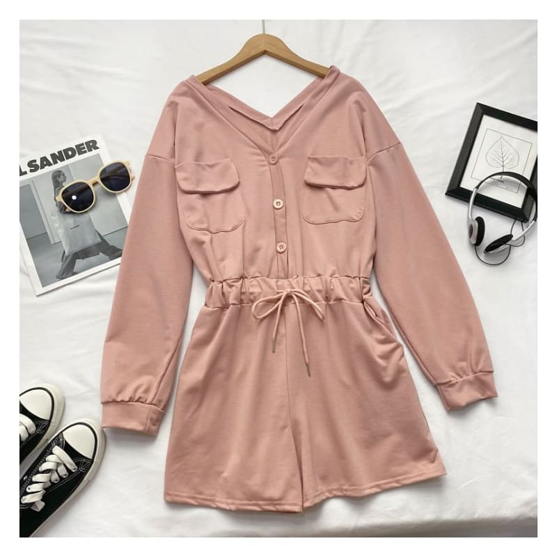 Long-Sleeve V-Neck Plain Button-Up Drawstring Romper