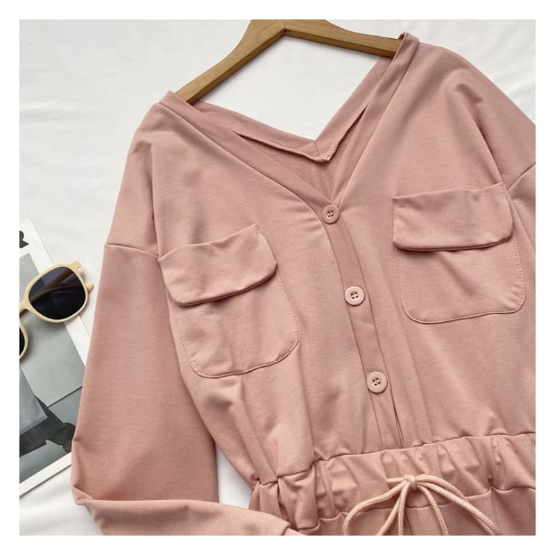 Long-Sleeve V-Neck Plain Button-Up Drawstring Romper