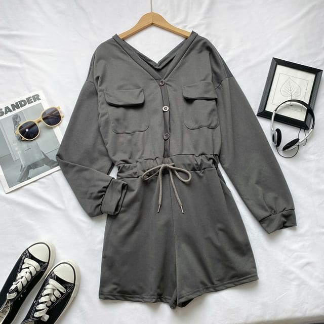 Long-Sleeve V-Neck Plain Button-Up Drawstring Romper - Dark