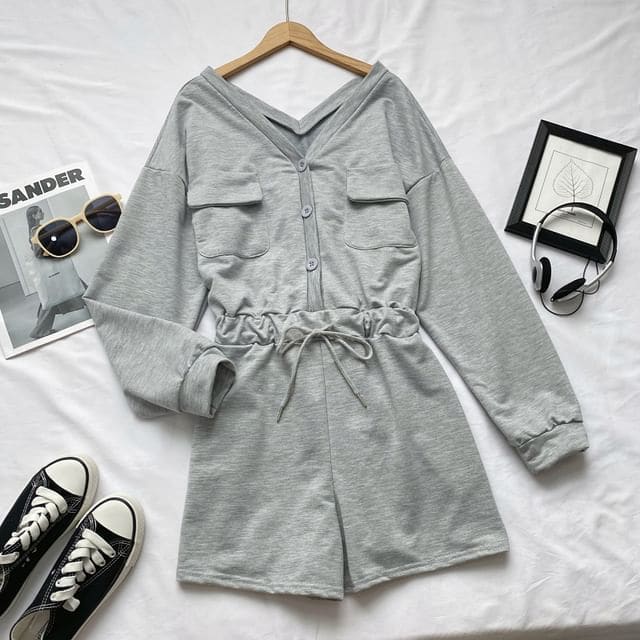 Long-Sleeve V-Neck Plain Button-Up Drawstring Romper