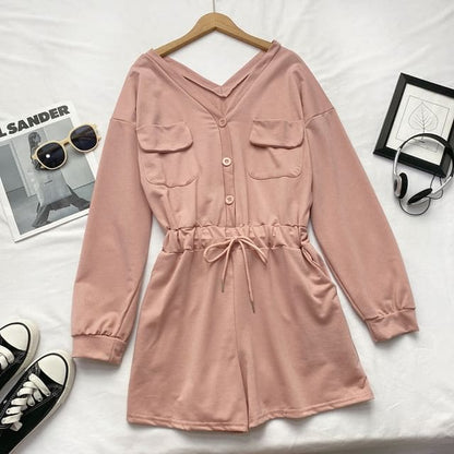 Long-Sleeve V-Neck Plain Button-Up Drawstring Romper - Pink