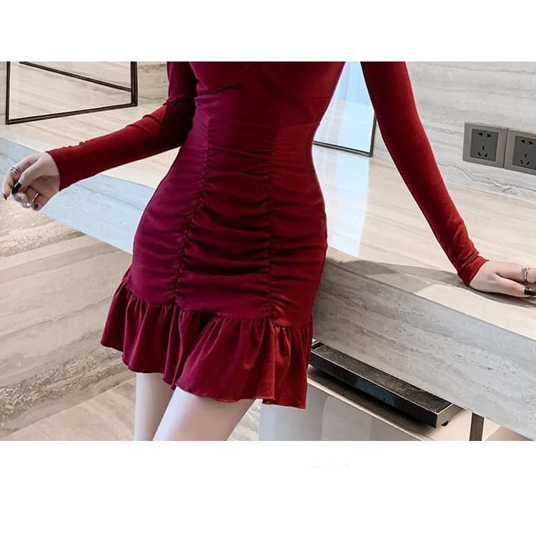 Long-Sleeve V-Neck Plain Mini Bodycon Dress