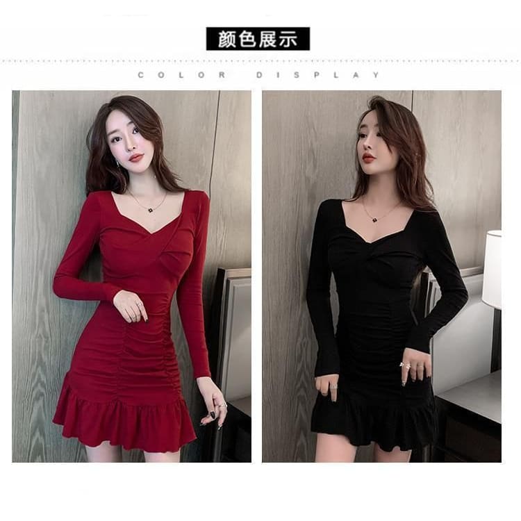 Long-Sleeve V-Neck Plain Mini Bodycon Dress