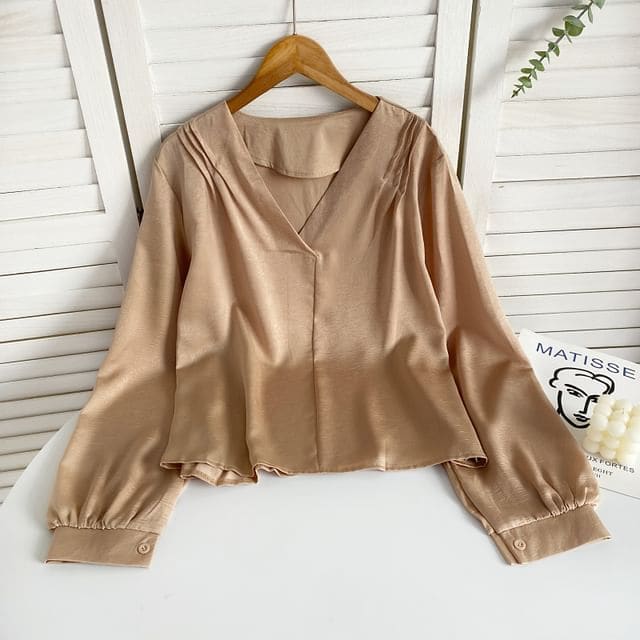 Long-Sleeve V-Neck Plain Pintuck Blouse - Khaki / One Size