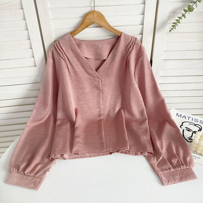 Long-Sleeve V-Neck Plain Pintuck Blouse - Pink / One Size