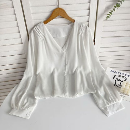 Long-Sleeve V-Neck Plain Pintuck Blouse - White / One Size