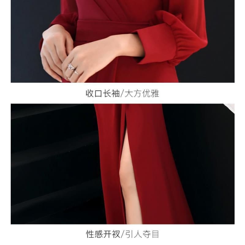 Long-Sleeve V-Neck Plain Ruched Slit Maxi Sheath Dress