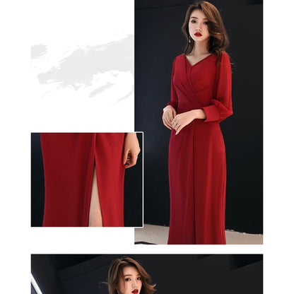 Long-Sleeve V-Neck Plain Ruched Slit Maxi Sheath Dress