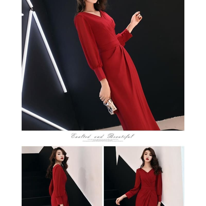 Long-Sleeve V-Neck Plain Ruched Slit Maxi Sheath Dress