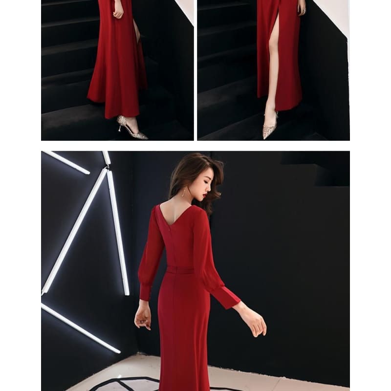 Long-Sleeve V-Neck Plain Ruched Slit Maxi Sheath Dress