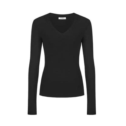 Long-Sleeve V-Neck Plain T-Shirt - Black / S - Clothing