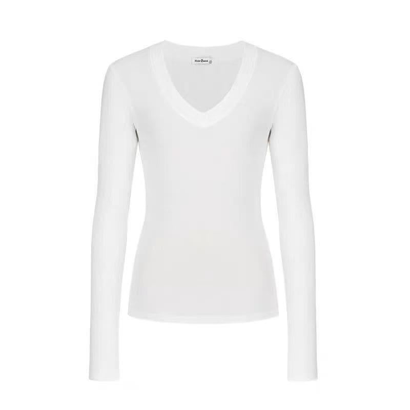 Long-Sleeve V-Neck Plain T-Shirt - Clothing