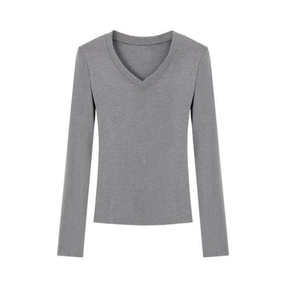 Long-Sleeve V-Neck Plain T-Shirt - Gray / S - Clothing