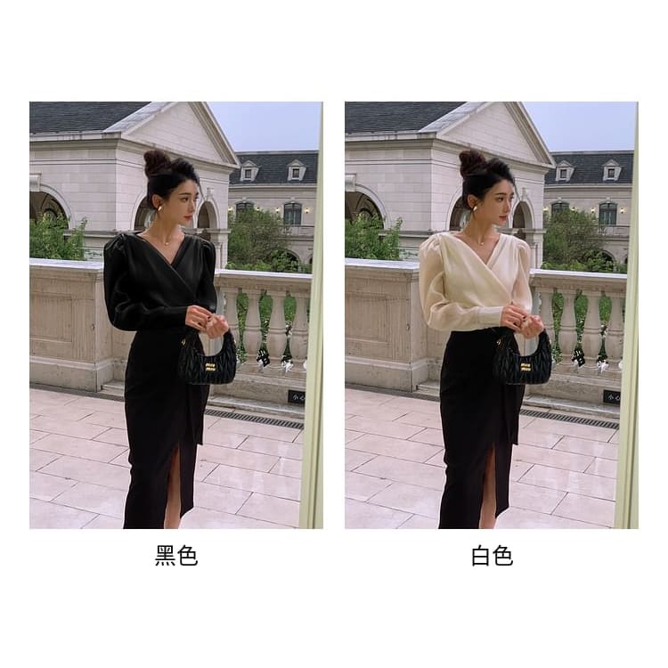 Long-Sleeve V-Neck Plain Tie Back Wrap Blouse