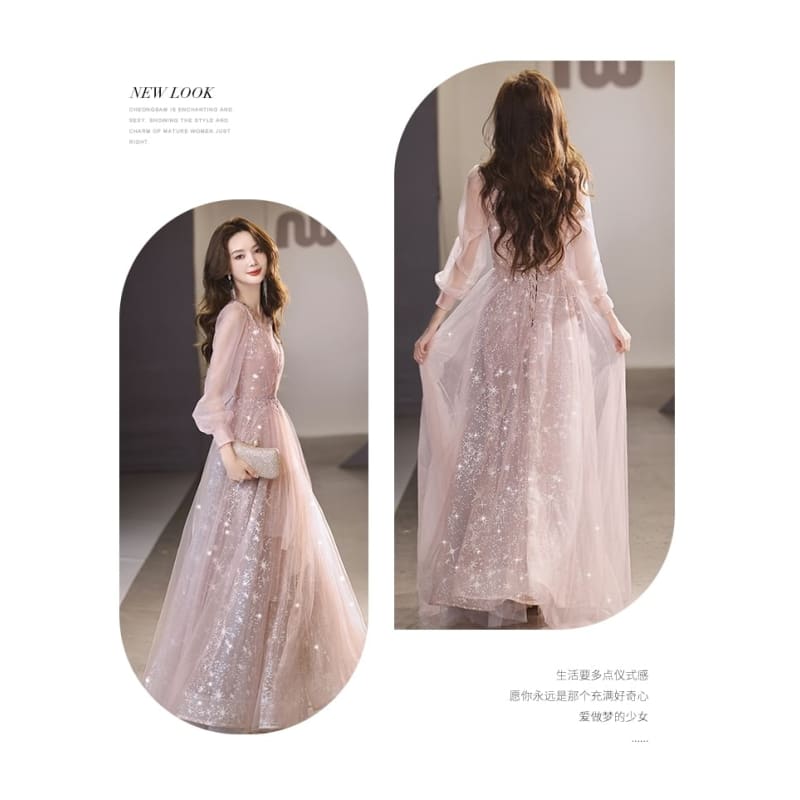 Long-Sleeve V-Neck Sequin Mesh A-Line Evening Gown