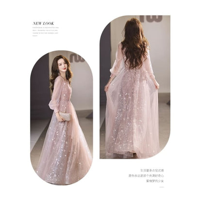 Long-Sleeve V-Neck Sequin Mesh A-Line Evening Gown