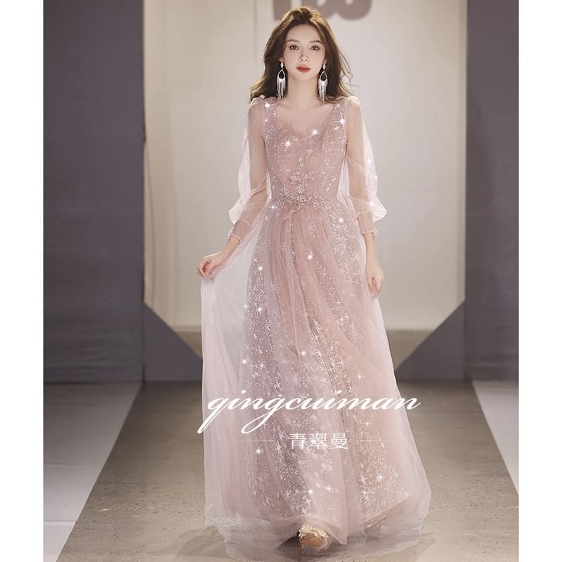 Long-Sleeve V-Neck Sequin Mesh A-Line Evening Gown