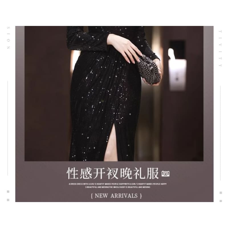 Long-Sleeve V-Neck Sequined Slit Mermaid Evening Gown