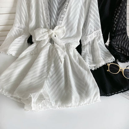 Long-Sleeve V-Neck Sheer Wide Leg Romper