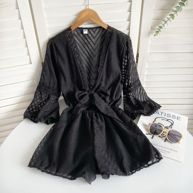 Long-Sleeve V-Neck Sheer Wide Leg Romper - Black / One Size