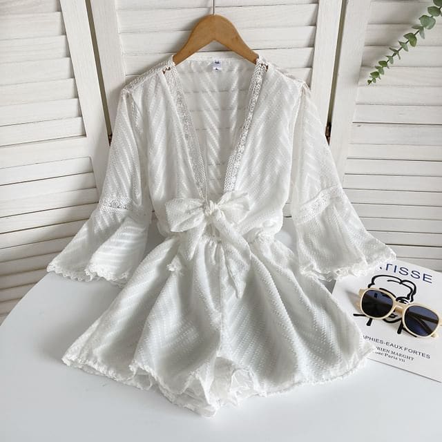 Long-Sleeve V-Neck Sheer Wide Leg Romper - White / One Size