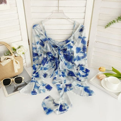 Long-Sleeve V-Neck Tie Dye Mock Two Piece Mesh Top - Blue