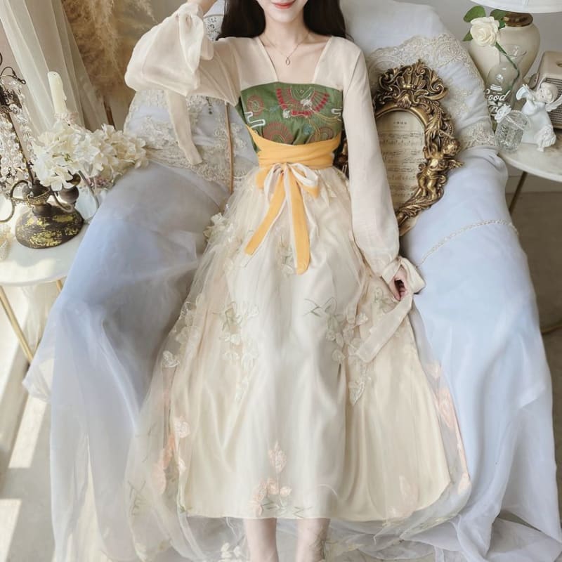 Long-Sleeve V-Neck Tie-Waist Floral Embroidery Sheer Maxi