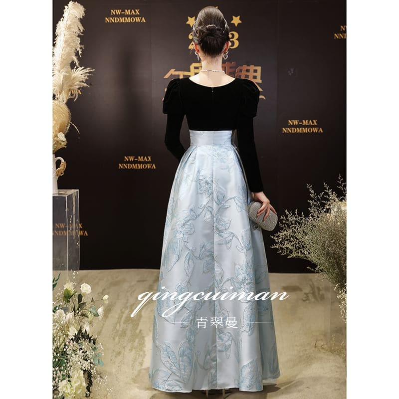 Long-Sleeve V-Neck Two Tone Floral Jacquard A-Line Evening