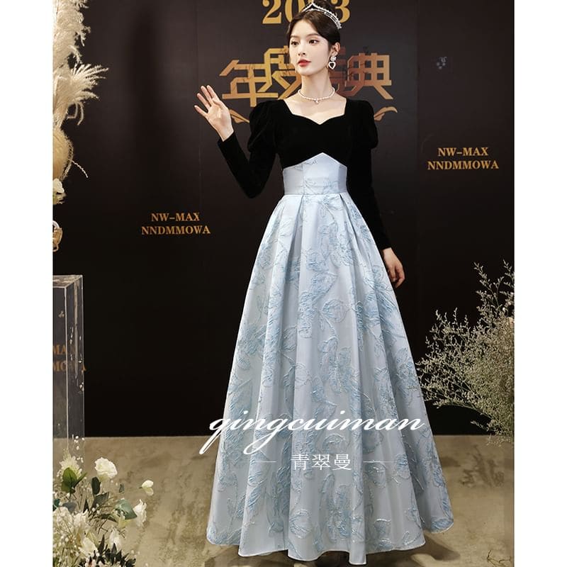 Long-Sleeve V-Neck Two Tone Floral Jacquard A-Line Evening