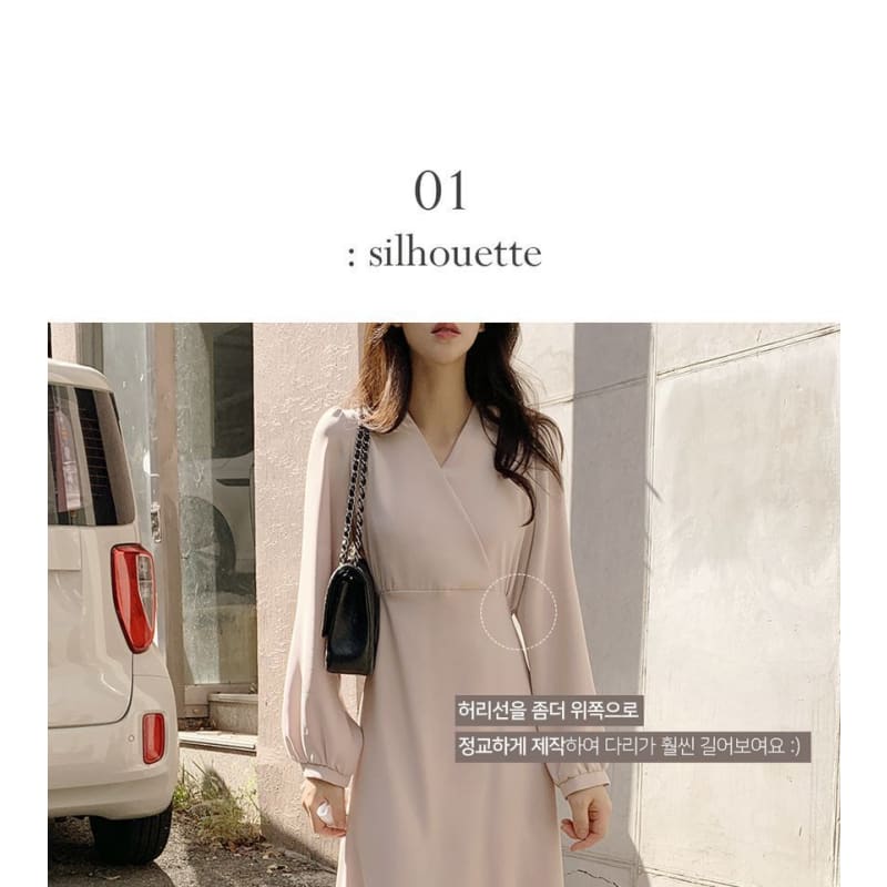 Long-Sleeve V-Neck Wrap Plain Midi Dress