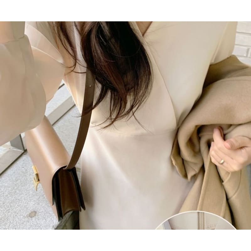 Long-Sleeve V-Neck Wrap Plain Midi Dress