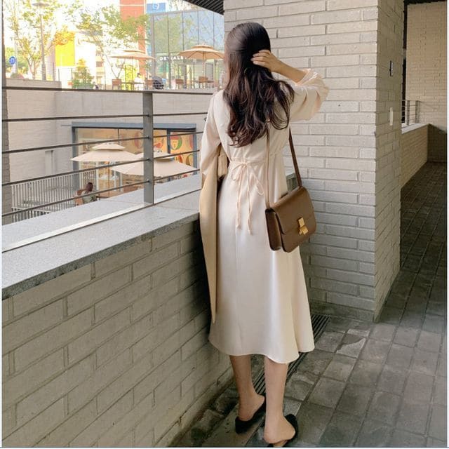 Long-Sleeve V-Neck Wrap Plain Midi Dress - Beige Almond / S