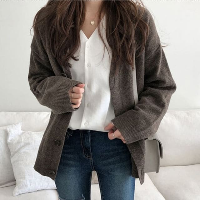 Loose-Fit V-Neck Cardigan - Coffee / One Size