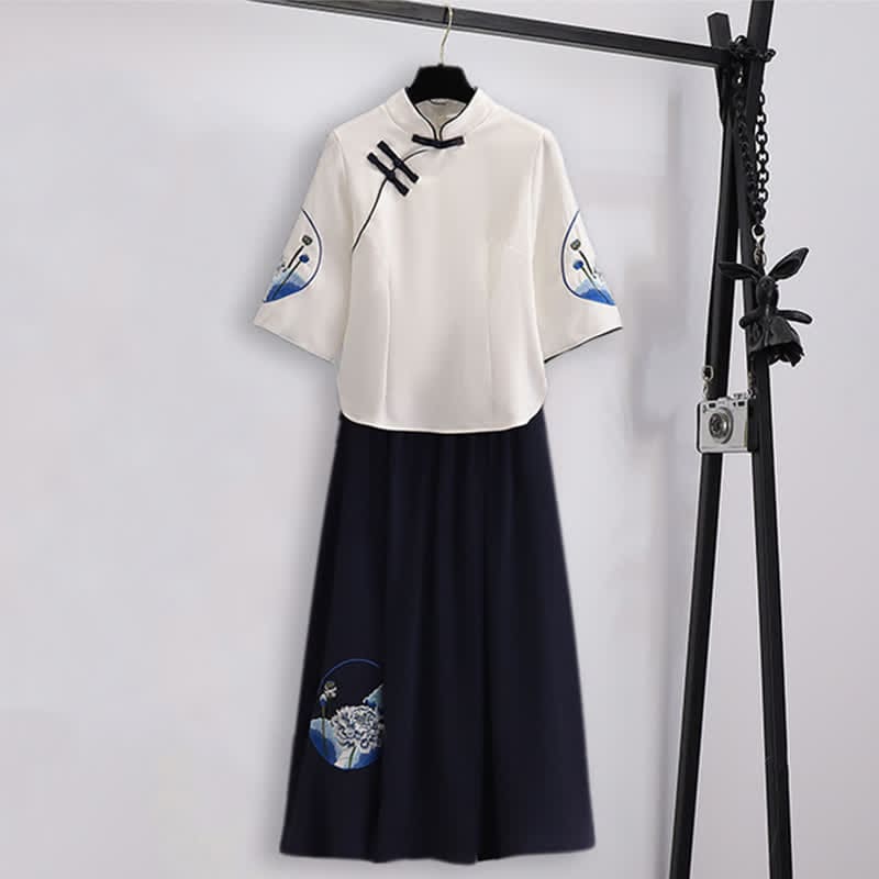 Lotus Embroidery Shirt Skirt - Set / M