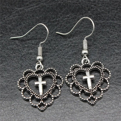 Love Heart Cross Earrings - Standart / Silver - earrings