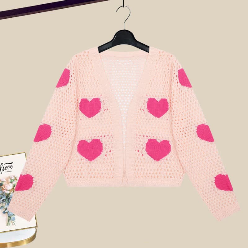 Love Heart Hollow Out Cardigan Flouncing Dress - Cardigan