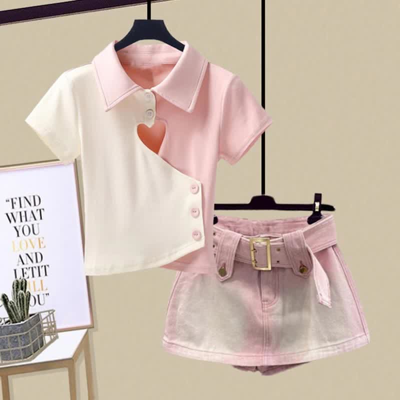 Love Heart Hollow Out Crop Top T-Shirt Pink Mini Denim Skirt