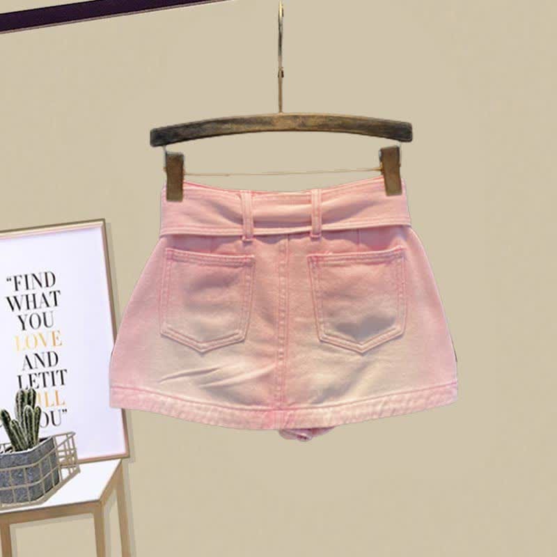 Love Heart Hollow Out Crop Top T-Shirt Pink Mini Denim Skirt