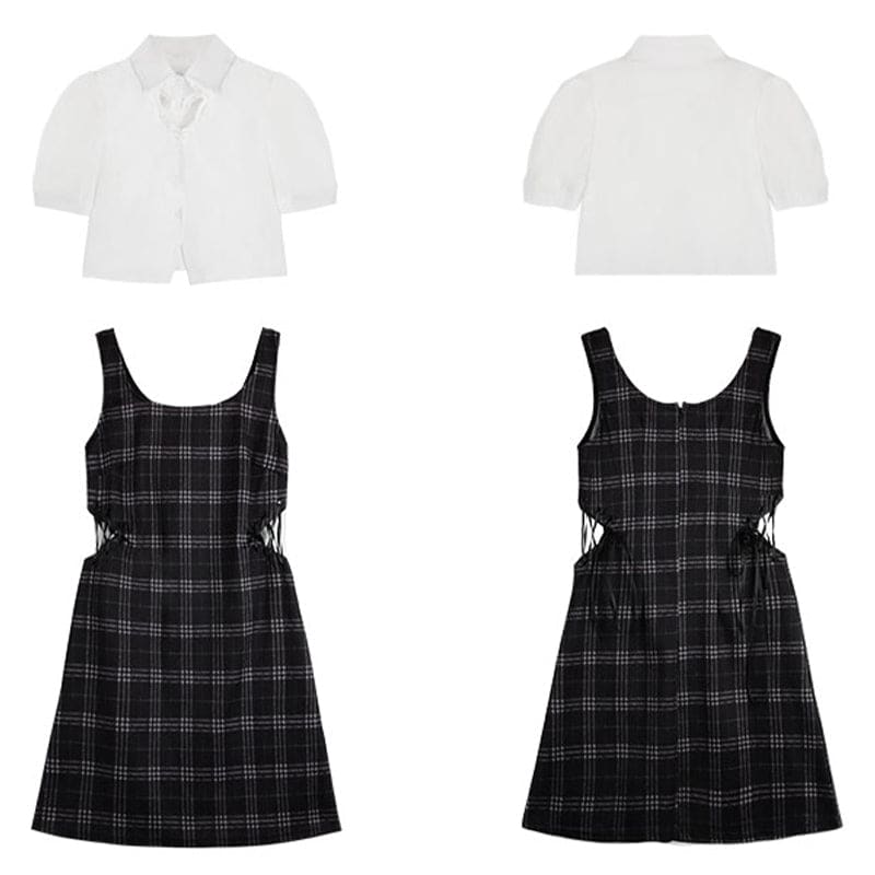 Love Heart Hollow Out T-Shirt Lace Up Plaid Dress Set