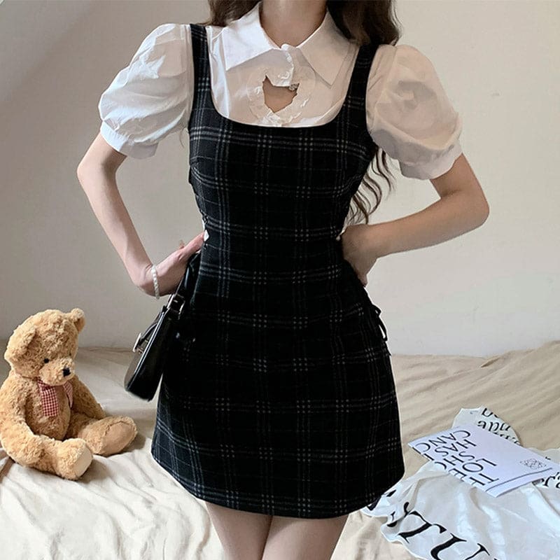 Love Heart Hollow Out T-Shirt Lace Up Plaid Dress Set