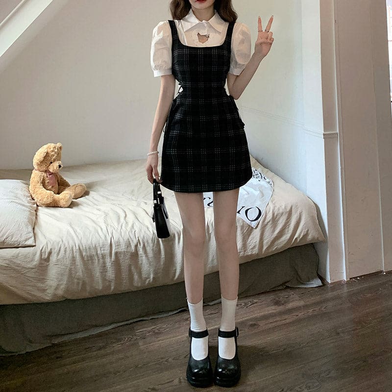 Love Heart Hollow Out T-Shirt Lace Up Plaid Dress Set