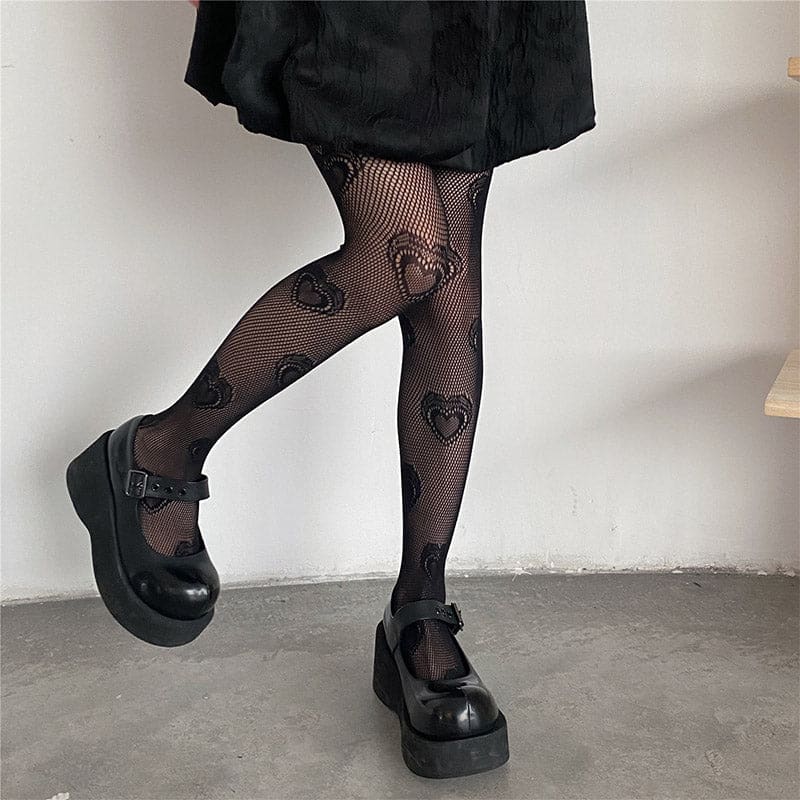 Love Heart Pattern Mesh Stockings Tights - Black / One Size