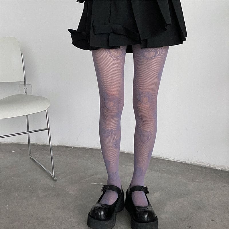 Love Heart Pattern Mesh Stockings Tights - Purple / One Size