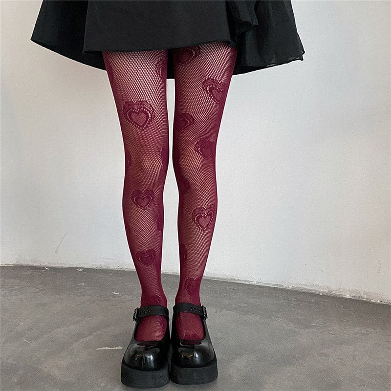 Love Heart Pattern Mesh Stockings Tights - Red / One Size