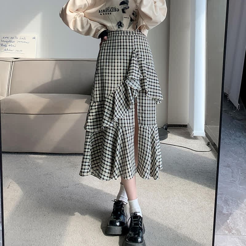 Love Heart Print T-Shirt Lattice Flouncing Split Skirt Set