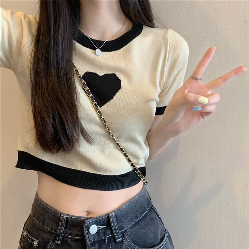 Love Heart Print T-Shirt Lattice Flouncing Split Skirt Set