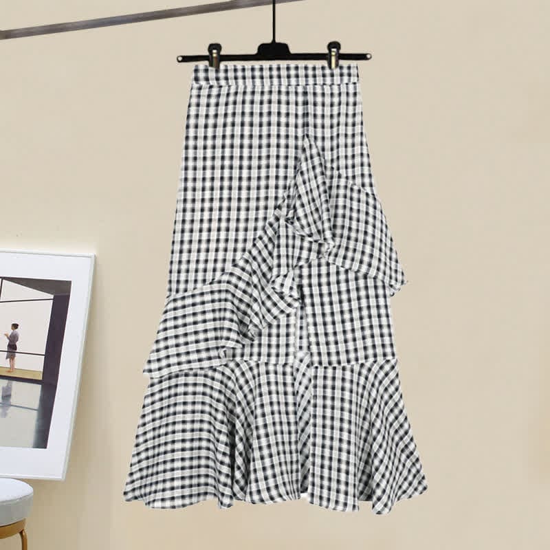 Love Heart Print T-Shirt Lattice Flouncing Split Skirt Set