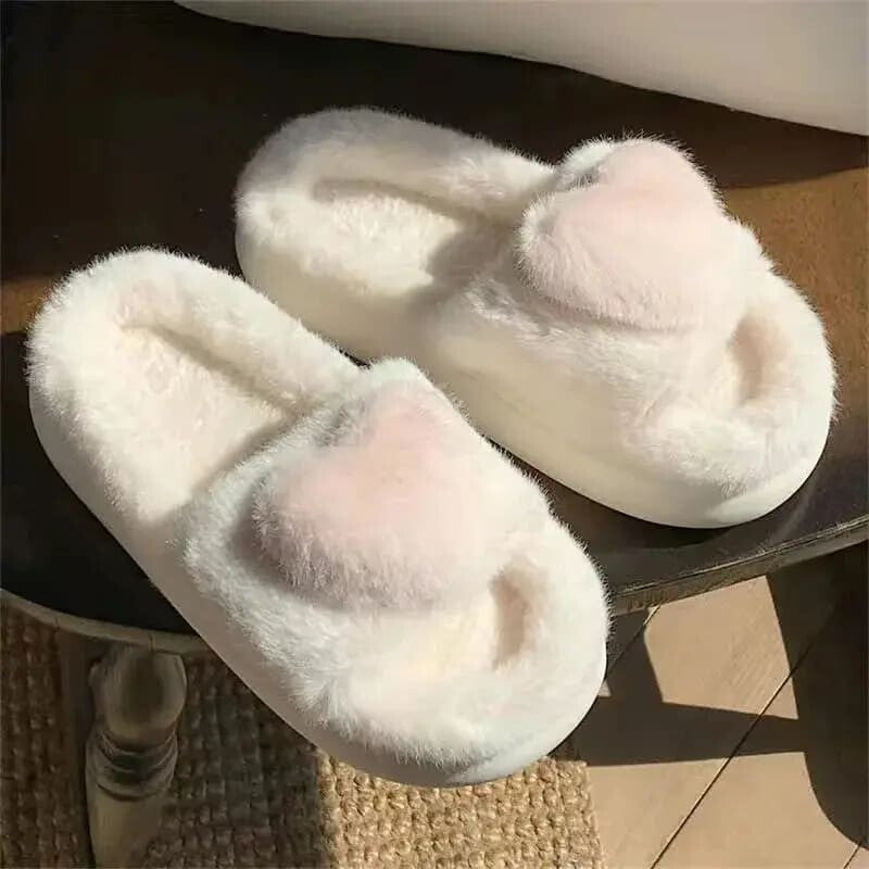 Kawaii Aesthetic Y2K Cute Fairy Love Heart Winter Fluffy Home Slippers - Pinkdollz MK Kawaii Store