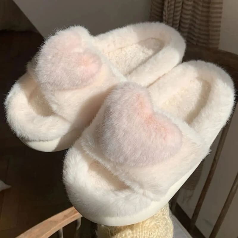 Kawaii Aesthetic Y2K Cute Fairy Love Heart Winter Fluffy Home Slippers - Pinkdollz MK Kawaii Store